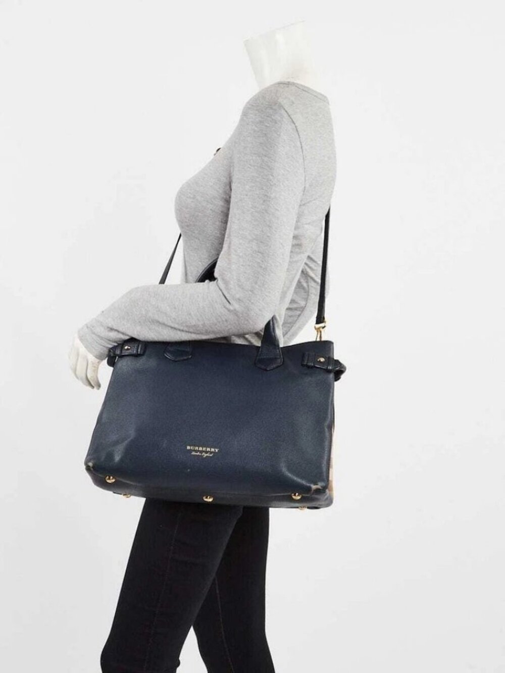 Burberry Blue Pebbled Leather House Check Medium Banner Tote Bag - Picture 12 of 12